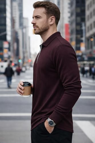 Image of Mack Jonney Men's Premium Ribbed Half-Zip Polo T-Shirt | Long Sleeve Soft Stretch Fabric | Stylish Casual & Smart Wear Top-M6783