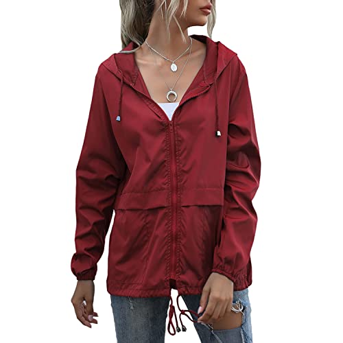 Skrsila Chubasquero para mujer, chaqueta ligera con capucha, cortavientos, impermeable, transpirable, resistente al viento, para exteriores, con cordón ajustable, monocolor, borgoña, XXL Cover