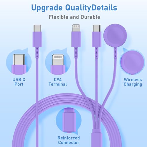 Image of for Apple Watch Charger Fast Charging,3 in 1 Multi Charger USB C Cable,iWatch Charger Cord 6FT for iWatch Ultra3 /2 /1 /SE 3 /2 Series 11 /10 /9 /8 /7 /6 /5 /4,for iPhone17 15 16 Pro Max /14 /13 /12 /11-Purple