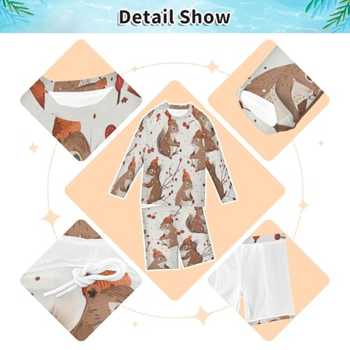 Lovely Squirrel with Hat Boys Swimsuit Rash Guard Toddler Kids Long Sleeve Swim Shirt and Trunks Swimwear Set 3-10Y3