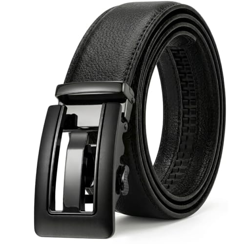 Image of JINIU Men's Ratchet Belt Buckle, Black Genuine Leather Slide Belt for Men Dress Suit, Micro Adjustable Trim to Fit Boxed