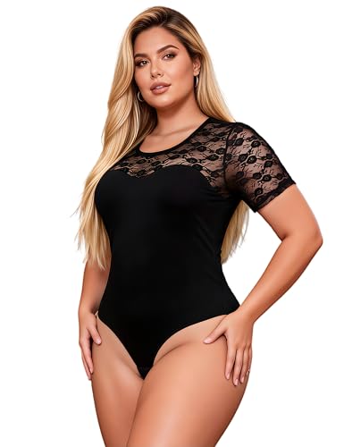 comeondear Body Femme Sexy Chic Bodysuit Curvy Ouverte Lingerie Dentelle Manche Courte Grande Taille Body String Top Col Rond Leotard Teddy Élegant(Crochets...
