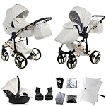 Original Junama Diamond Individual Reisesysteme Kinderwagen 2in1 3in1 4in1 Sonnenschirm + Originalzubehör Exclusive Prams (3in1, Gold-Weiß 04)