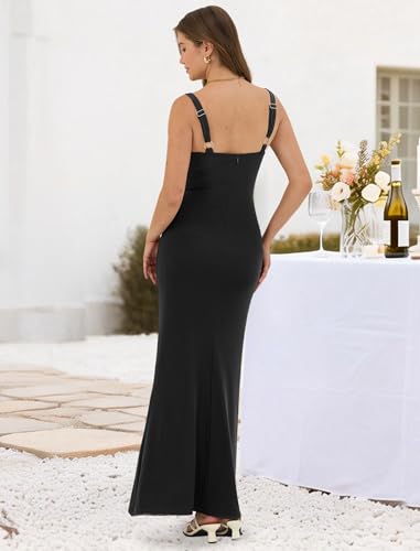 ZAFUL Black Formal Dresses for Women's Sexy Wedding Guest Dress Sleeveless Cocktail Floral Mesh Ruched Bodycon Maxi Party Long Dresses Sexy — view 2