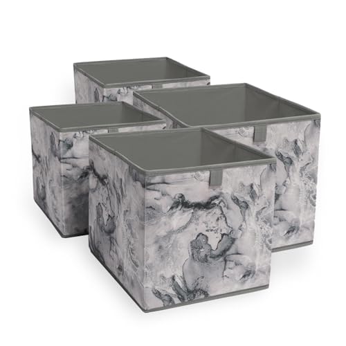 OHS Set of 4 Fabric Storage Baskets, Grey Marble Print Storage Boxes Home Organiser Toys Clothing Bathroom Pop Up Collapsible Foldable Space Saving Cube Storage