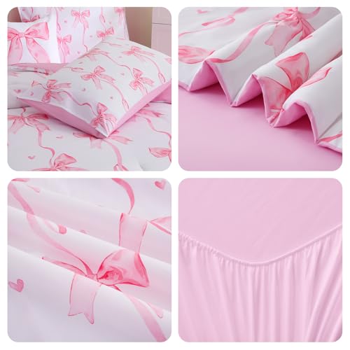Image of DORCAS Bow Full Size Comforter Set for Girls,6 Pieces Bed in A Bag Pink Bow Bedding Sets with Sheets for Kids