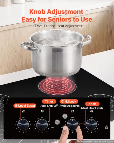 Image of VEVOR Induction Cooktop 30inch 4 Burners Built-in Electric Stove 220V 7200W, Low-Power Continuous Heating, Induction Burner for Kitchen, with 11 Power Levels, Knob Control, and Child Lock