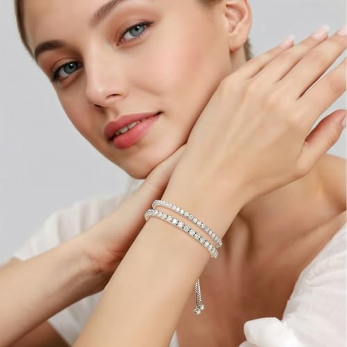 LOVE&LOVE Moissanite Tennis Bracelets for Women, 3mm & 4mm D Color VVS1 Round Cut｜925 Sterling Silver Adjustable Bracelet, Jewelry Gift Her Birthday Anniversary4