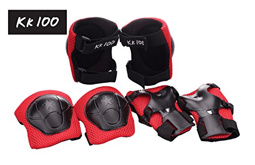 Roevite Kid's Roller Blading Wrist Elbow Knee Pads Blades Guard 6 PCS Red & Black Set