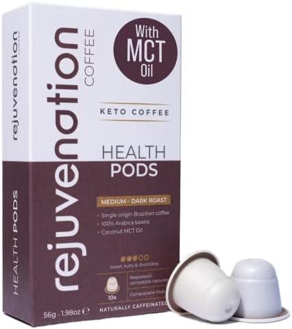 Rejuvenation Nespresso compatible Keto Coffee Pods - Arabica coffee enriched with premium coconut MCT oil. Weight loss coffee. Bulletproof, Ketogenic friendly, Low Carb, Zero Sugar, Low Calorie (10 pods)