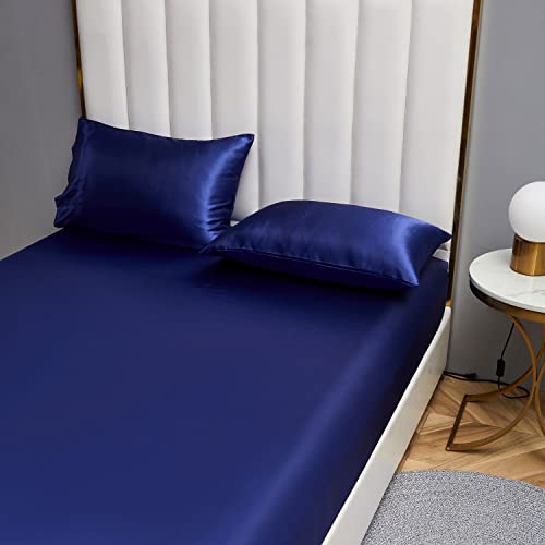 Damier Satin Spannbettlaken 100x200cm Blau Glänzend Seide Bettlaken Hochwertiges Deluxe Unifarben Spannbetttuch… – Ansicht 3