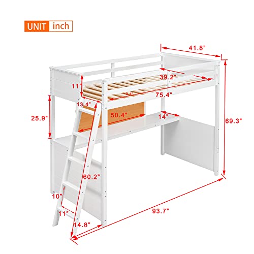 Twin Loft Bed With Desk And Writing Board, Wood Loft Beds Frame With Ladder, Modern High Loft Bed For Kids Boys Girls Teens, Twin Size, White #TOP4