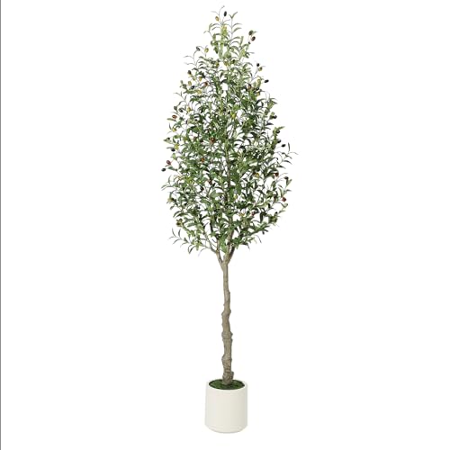 7 ft Faux Olive Tree - Fake Potted Olive Silk Plant with White Planter, Natural Olive Branches and Realistic Leaves Artificial Tree for Home Office De