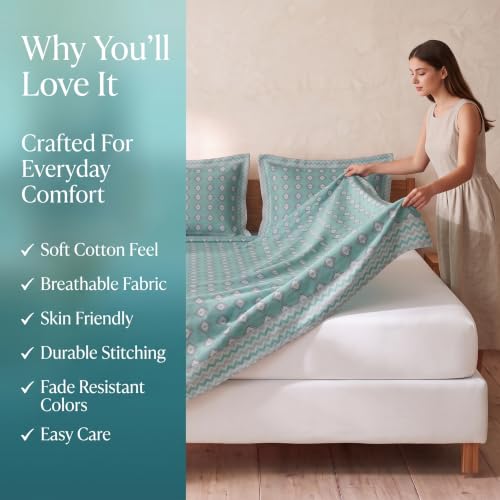 Image of BSB HOME 240 TC Cotton Double Bedsheet with 2 Pillow Covers, Soft & Breathable Bed Sheet for Double Bed, Fade & Wrinkle Resistant, Floral Print, 90 x 100 Inches (228 x 254 cm) - Seafoam Green