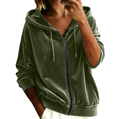 Image of CGGMVCG Womens Velvet Zip Up Hoodies Casual Full Zip Sweatshirt Jacket Loose Velour Jumper Long Sleeve Hooded Tops Outerwear, Green, S