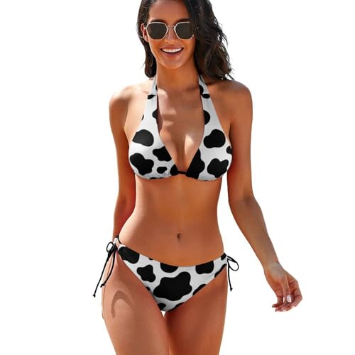 Cow Print Bikini Sets for Women Two Piece Bathing Suits Sexy Halter Padded Bikini Swimsuits Side Tie Thong Bottom M