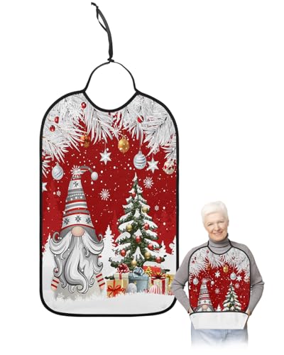 Christmas Adult Bib for Adults Men, Women, Washable & Adjustable Terry Cloth Bib with Crumb Catcher Reusable Waterproof Clothing Clothes Protector Apron Winter Silver Leaf Xmas Ball Snow Gnomes