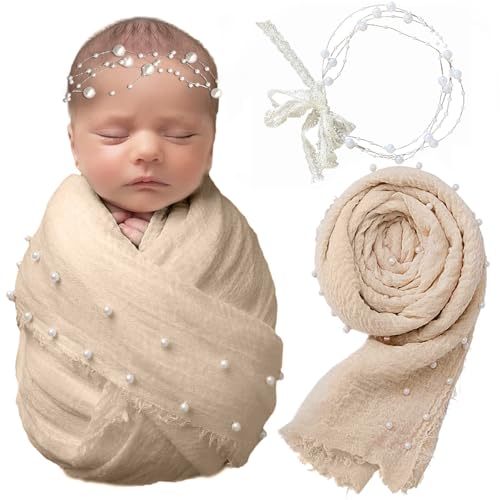 Xanewza 2 PCS Requisiten Fotografie Wrap Kit, Neugeborene Fotografie Requisiten, Handgefertigte Beige Perle Wrap Decke für Foto-Requisiten mit Weißen Perle Stirnband