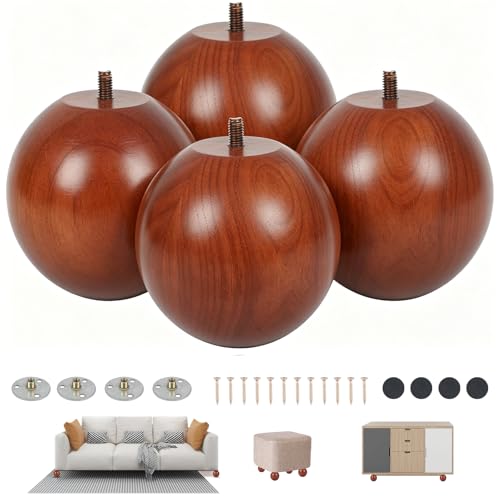 WHXGG 4 Inch Wooden Sofa Legs of 4 Wood Furniture Legs Couch Feet Wooden Round Sofa Furniture Replacement Sofa Legs Replacement for Sofa Couch Chair Cabinet Dresser Ottoman Bed Riser, 4 Pack
