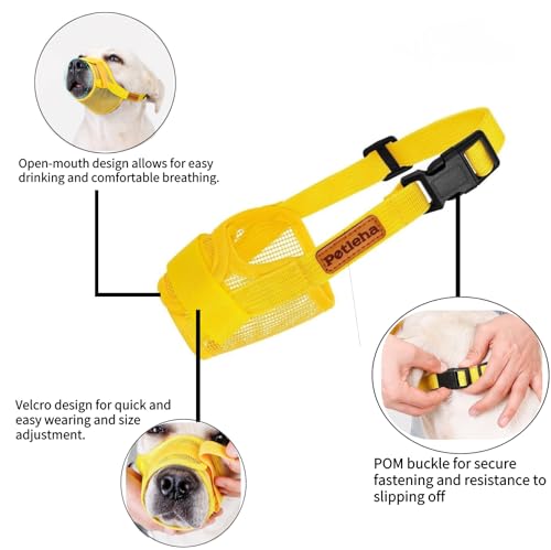 Image of Dog Muzzle, Breathable Mesh for Grooming & Nail Care, Yellow, S | Adjustable head and snout straps, quick-release buckle, soft padded edges