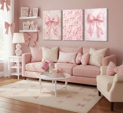 Image of 3Pcs Pink Bow Canvas Wall Art Vintage Trendy Cute Preppy Watercolor Bow Painting Pictures Wall Decor Posters Prints Girly Aesthetic for College Apartment Bedroom Decoration