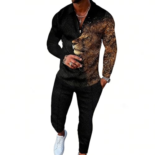 Kubsid Size L Black with Gold Lion 2025 Men's Polo Sweatsuit Set Long Sleeve 2 Piece Outfit Fashion Jogging Track Suit Comfy Casual Set for Men