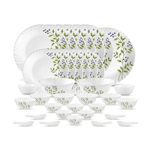 Image of La Opala Novo Collection Opal Glass Crockery | for Family of 6 | Dinner Set 35 pcs Lush Greens | Plates & Bowls for Dining | Microwave Safe | 100% Vegetarian | Extra Strong | Light & White