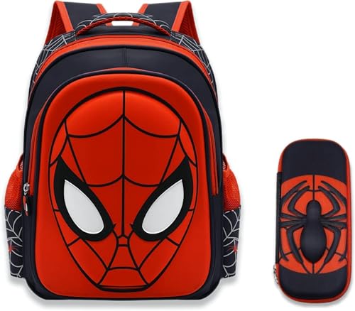 Telifor Cartoon Spider Schoolbag with Pencil Case - 3D Waterproof Large-Capacity for Primary School Boys (15in)