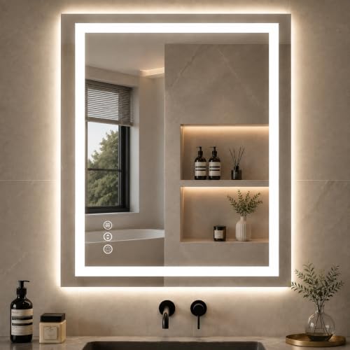 miskerm 36"x 24" LED Bathroom Mirror with Lights, Anti-Fog, Dimmable, Backlit + Front Lit Smart Mirror, Lighted Bathroom Vanity Mirror for Wall, Shatter-Proof Tempered Glass(Horizontal/Vertical)