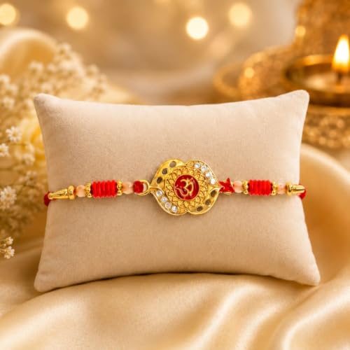 Image of DeoDap Rakhi with Chocolate for Brother - OM Design Rakhi with Butter Scotch Chocolate (32g) with Silver Color Pooja Coin, Greeting Card & Tilak Set - Raksha Bandhan Combo (K1 1093 BS32)