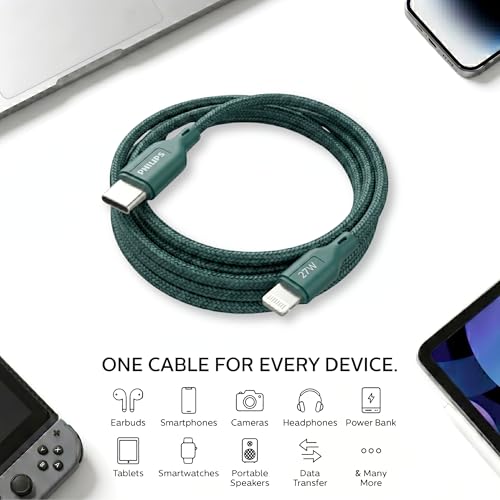 Image of PHILIPS DLC4130LT /94 27W iPhone Original Type-C to Lightning Fast Charging Cable (1m, Crystal Teal) | MFi Certified | 480Mbps | Nylon Braided | Compatible with iPhone & Other Lightning Devices