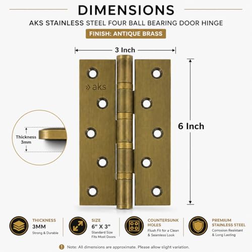 Image of AKS Stainless Steel Four Ball Bearing Hinges for Main Door, Office, Home & Bathroom Doors 6 Inch Length 3 Inch Width 3mm Thickness Hinges | 5 Years Warranty (Pack of 10, Antique Brass)