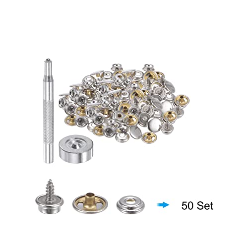 Harfington 150Pcs Canvas Snap Kit 5/8" Marine Grade Copper Snaps Stainless Steel Screw Snap Button Fasteners Kit Snaps For Boat Cover Carpet Repairing With 2 Pcs Setting Tool, Silver Tone #TOP2