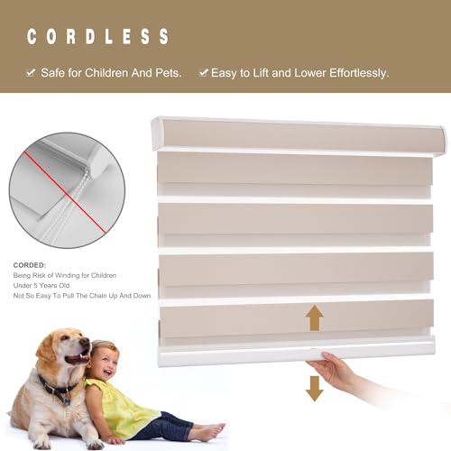 Image of Changshade Custom Size Zebra Blinds Cordless Indoor Window Shades Privacy Dual Layer for Living Room, Bedroom, Bathroom, Kitchen, Nursery, Inside Outside Mount Easy Install, Blackout, Beige