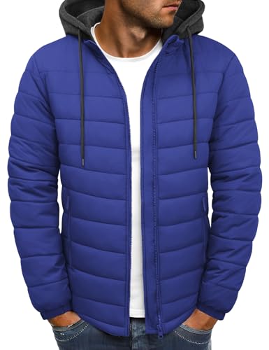 Lonya Mens Puffer Jacket Lightweight Puffy Padded Coat Warm Hooded Autumn Winter Windproof Quilted Jacket for Men Zip Up with Pockets for Hiking Camping Travelling, Blue, M
