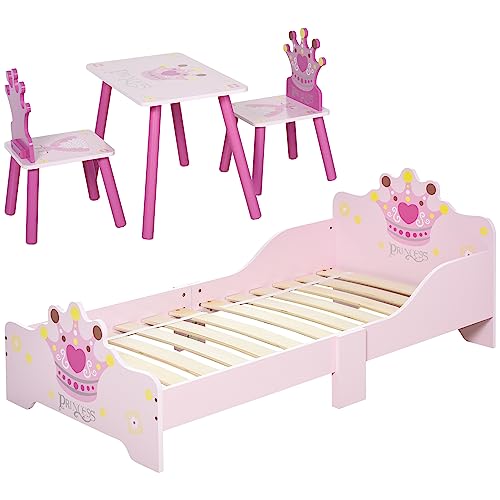 HOMCOM Lit Enfant et Ensemble Table et chaises Enfant - Design Princesse Motif Couronne - sommier à Lattes Inclus - Rose