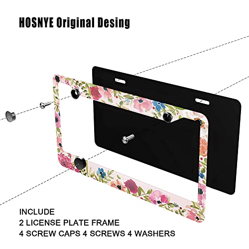 Hosnye Watercolor Floral License Plate Frame Hand Painted Flower Metal 2 Pcs 2 Holes Black Licenses Plates Frames Front Licenses Plate Covers Car Tag Frame For Women Men Us Vehicles #TOP3