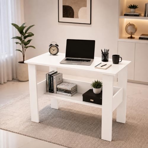 Image of SPYDER CRAFT Modern Specio Engineered Wood Study Table with Storage Shelf | Clean Minimalist Computer Desk for Home, Office, & Bedroom | Durable & Easy to Clean (White) (Assembly DIY)