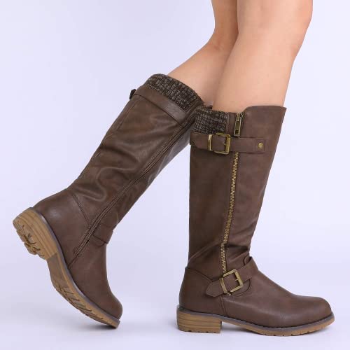 DREAM PAIRS Women's Knee High Boots Comfortable Riding Boots Side Zipper Fall Boots with Buckle,Size 11,Brown,DEER