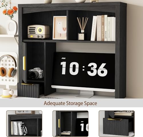 Image of Desk Hutch Shelf, Desktop Shelf Organizer 37 inch Wide Desktop Bookshelf 2-Tier Wood Hutch Bookcase Organizer with Drawer Dorm Table Shelves Desk Shelves Office Bookshelf with Storage-Black