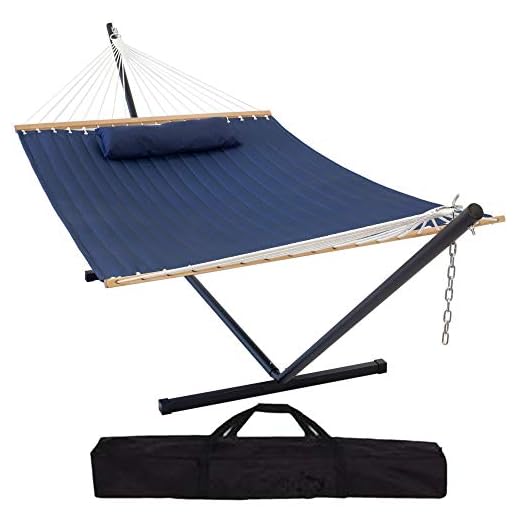 Orlivo Outdoor Large Double Hammock with Stand 2 Person Heavy Duty, Quilted Navy Blue Hammock with Spreader bar and Cushion. Freestanding, Portable 15ft Steel Stand with Carry case.