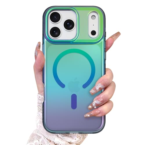 Image of AIGOMARA Magnetic Case for iPhone 17 Pro [Compatible with Magsafe] [Fluorescent Iridescent Green Blue] Slim Shockproof Matte Back Protective Phone Cover for Women Girls 6.3 Inch