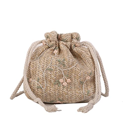 Summer Woven Messenger Bag Handbag Women Drawstring Bucket Bag Handbags Lace Straw Bag Shoulder Bag for Beach Party