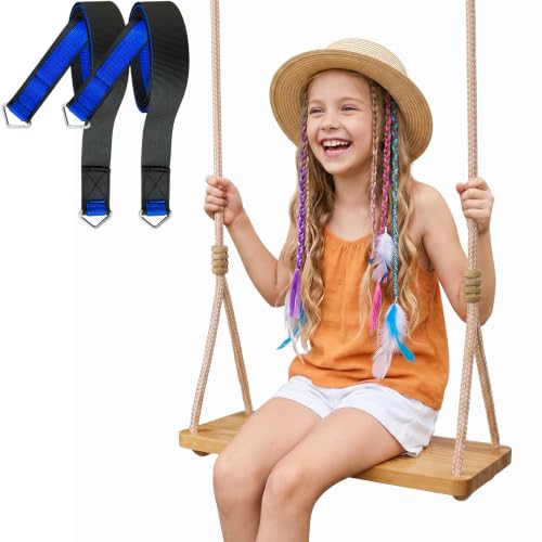 Image of Bamboo Tree Swing Seat for Adults & Kids, 440LB Capacity and 77 inch Tree Straps, Indoor /Outdoor Swing Set for Backyard, Garden, Porch, Patio（Children's Swings）