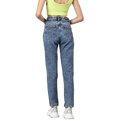 Image of Blue Dark wash 5-Pocket high-Rise Mom Fit Jeans, Clean Look, has a Button and Zip Closure,Non Stretchable and Waistband with Belt Loops