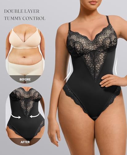 FeelinGirl Womens Body Suits Shapewear Tummy Control Backless Thong Body Shaper V Neck Compression Lace Bodysuit Tops3
