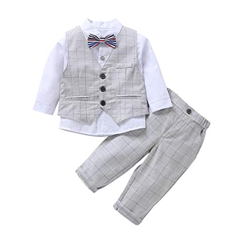AmzBarley Toddler Boys Clothes Bowtie Button Down Shirt + Vest + Trousers 3PC Gentleman Tuxedo Suits Kids Formal Wedding Clothing Set Birthday Theme Party Outfits Grey Size 4-5 Years