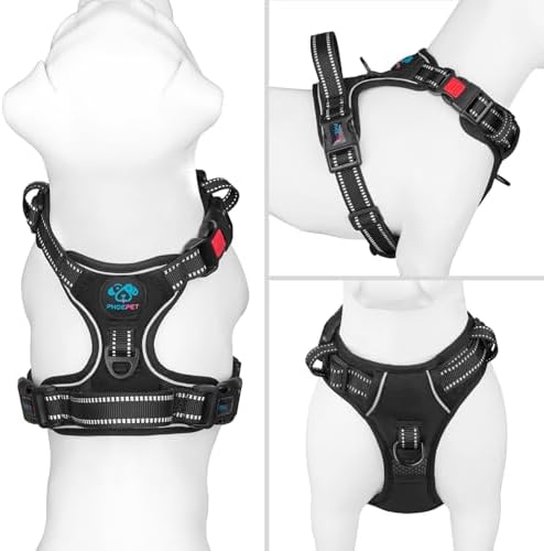PHOEPET No Pull Dog Harness Medium Reflective Front Clip Vest with Handle,Adjustable 2 Metal Rings 3 Buckles ,[Easy to Put on & Take Off](M, Black)