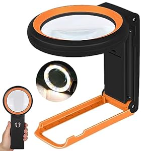 KIBTOY 30X 40X Magnifying Glass with Light and Stand, Foldable Handheld Magnifying Lenses 18 LED Illuminated Lighted Magnifier for Seniors Reading, Close Work, Coins, Jewelry Black