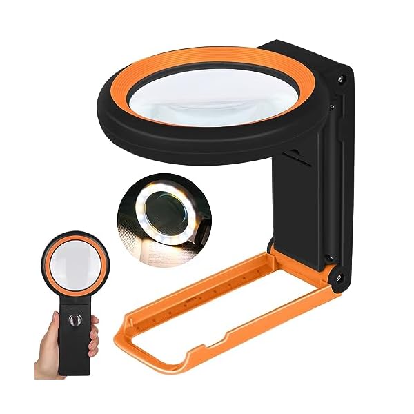 KIBTOY 30X 40X Magnifying Glass with Light and Stand, Foldable Handheld Magnifying Lenses 18 LED Illuminated Lighted Magnifier for Seniors Reading, Close Work, Coins, Jewelry Black